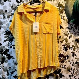 Yellow stripe casual top with cap cuff sleeve